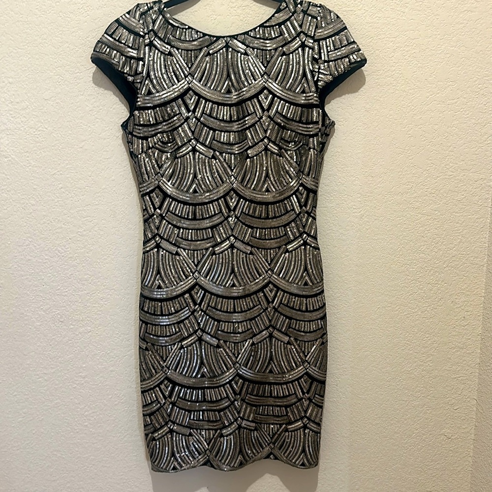 Dress the Population Black and Silver Sequin Sheath Midi Dress - Picture 5 of 6